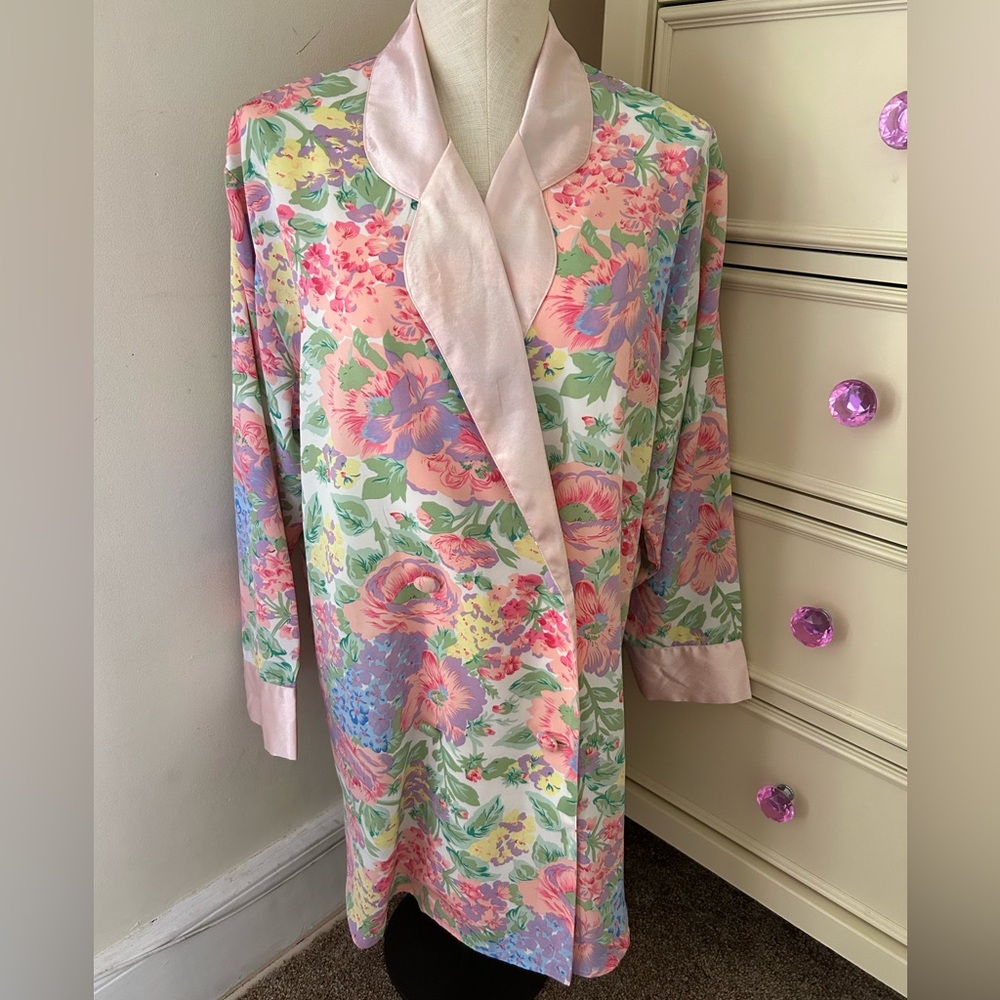 Victoria's Secret Robe Floral Satin Double Breasted Small Pink VTG Gold Label